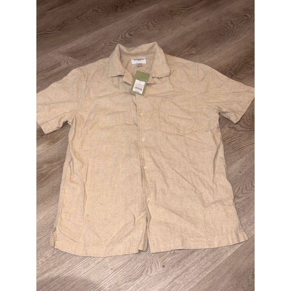 Goodfellow & Co Mens Small Linen Rayon Short Sleeve Button Down Shirt Beige NWT